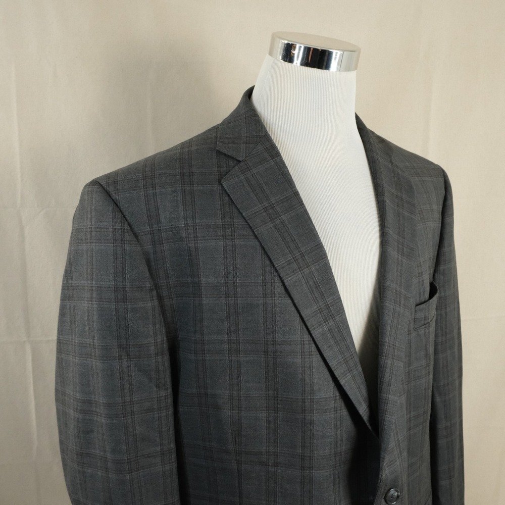 Stafford 52R Classic Fit Sport Coat Wool Blend Grey Plaid Two Button Vented